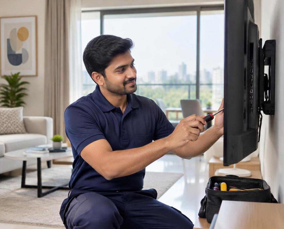 Technician repairing a wall-mounted TV in a living room